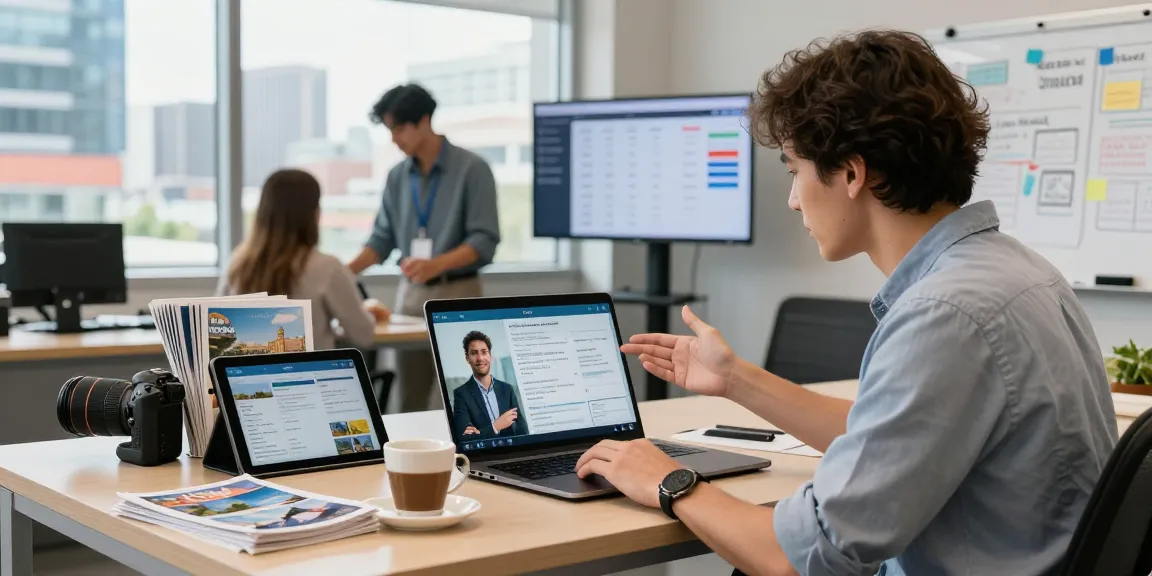 Engaged travel advisor using travel CRM software while consulting with a client in a vibrant office setting.