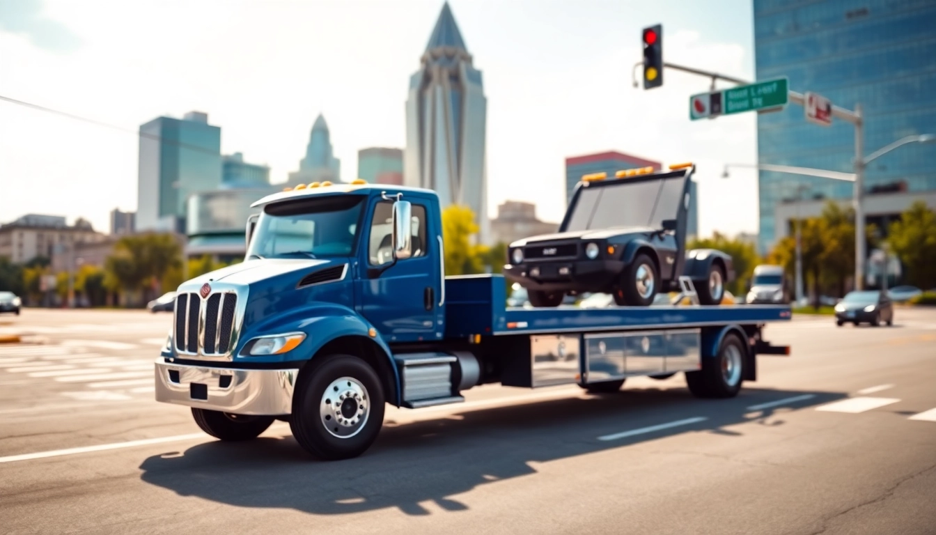Flatbed towing Nashville service truck in busy urban setting, showcasing reliability and efficiency.