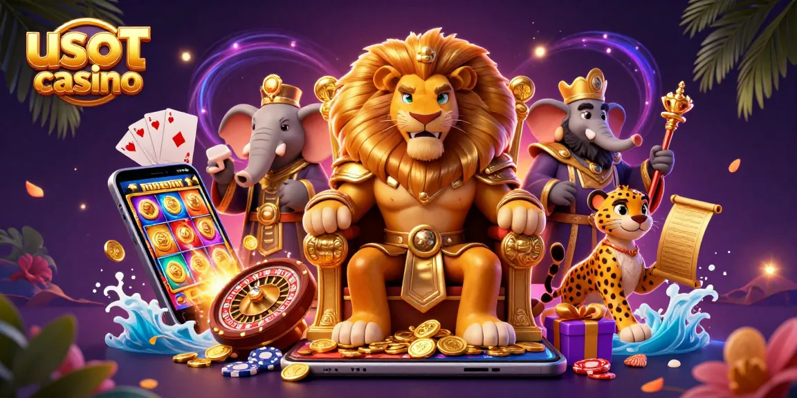 Gioca nei migliori usdt casino con un re leone, un elefante e un ghepardo, circondati da giochi e monete.