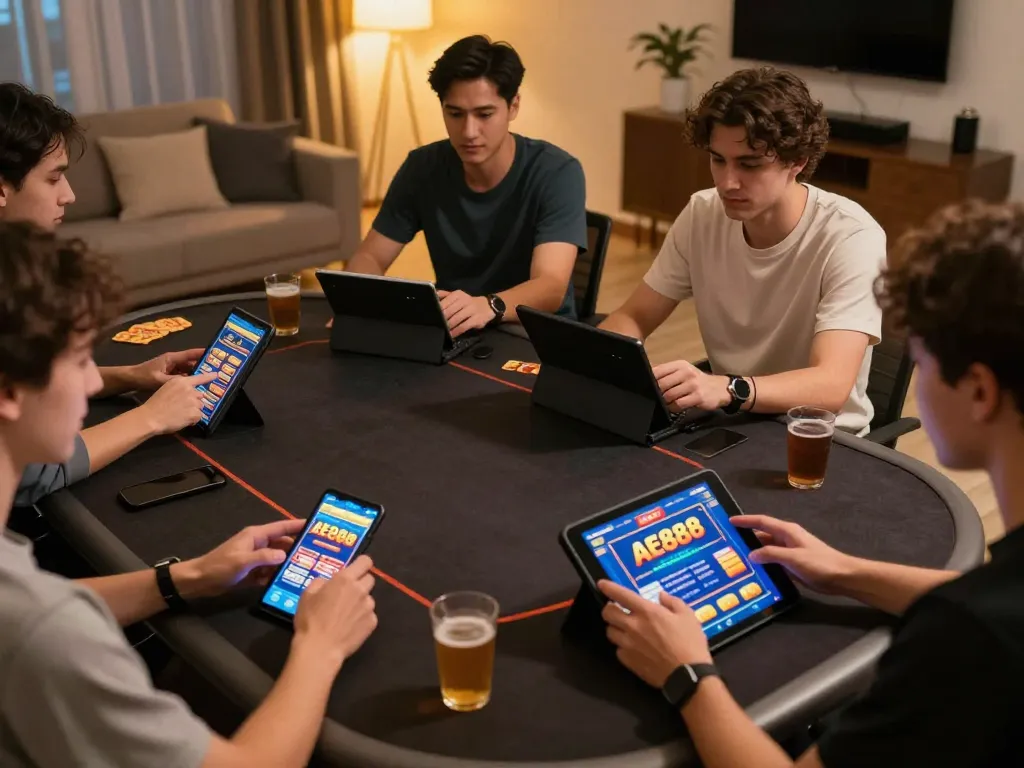 NHÀ CÁI AE888 players engaging in interactive online betting via stylish devices in a cozy home setup.
