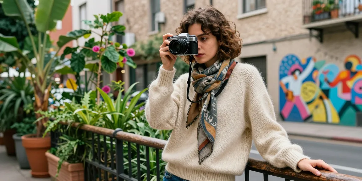 Model in a stylish knit sweater and scarf, capturing urban moments, showcasing sustainable fashion.