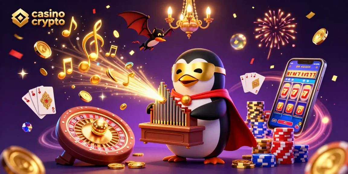 Illustration dynamique d'un casino crypto, avec un pingouin en masque doré jouant de l'orgue, et des pièces d'or volantes.