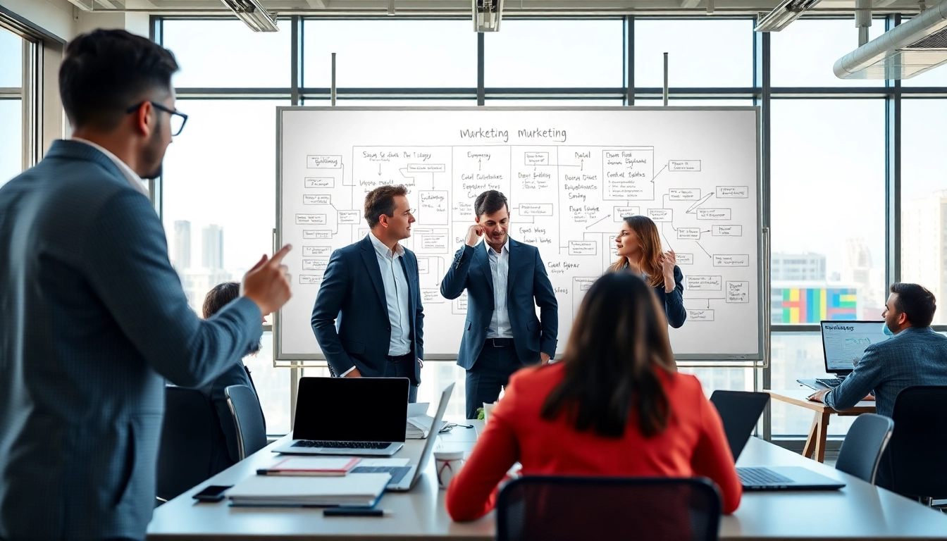 Digital marketing strategist collaborating in a vibrant office space with strategy visuals.