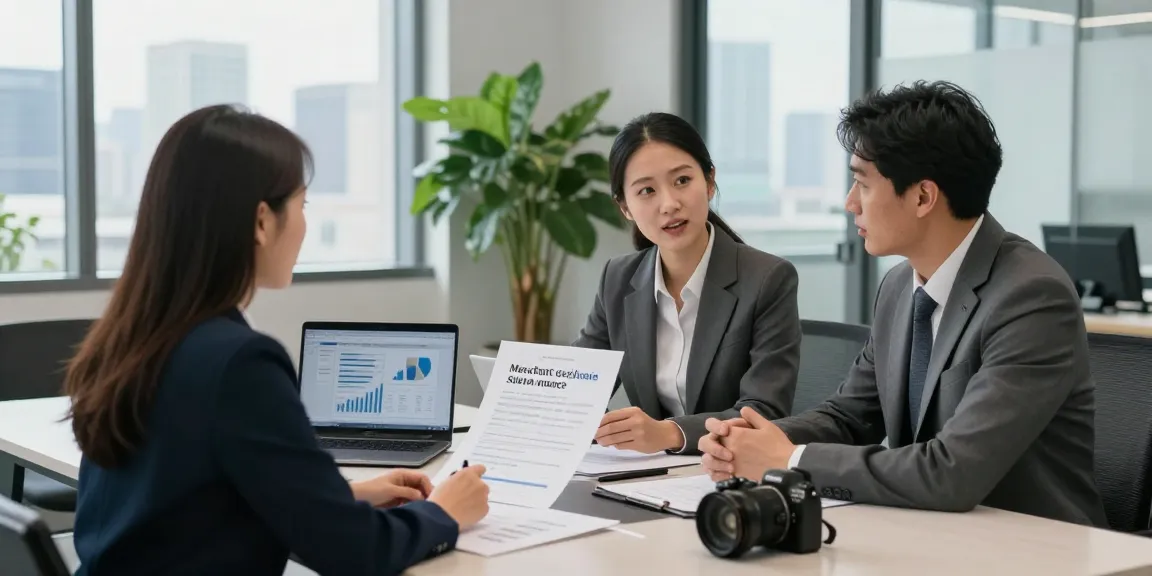 Discussing merchant cash advance rates in a modern financial office.