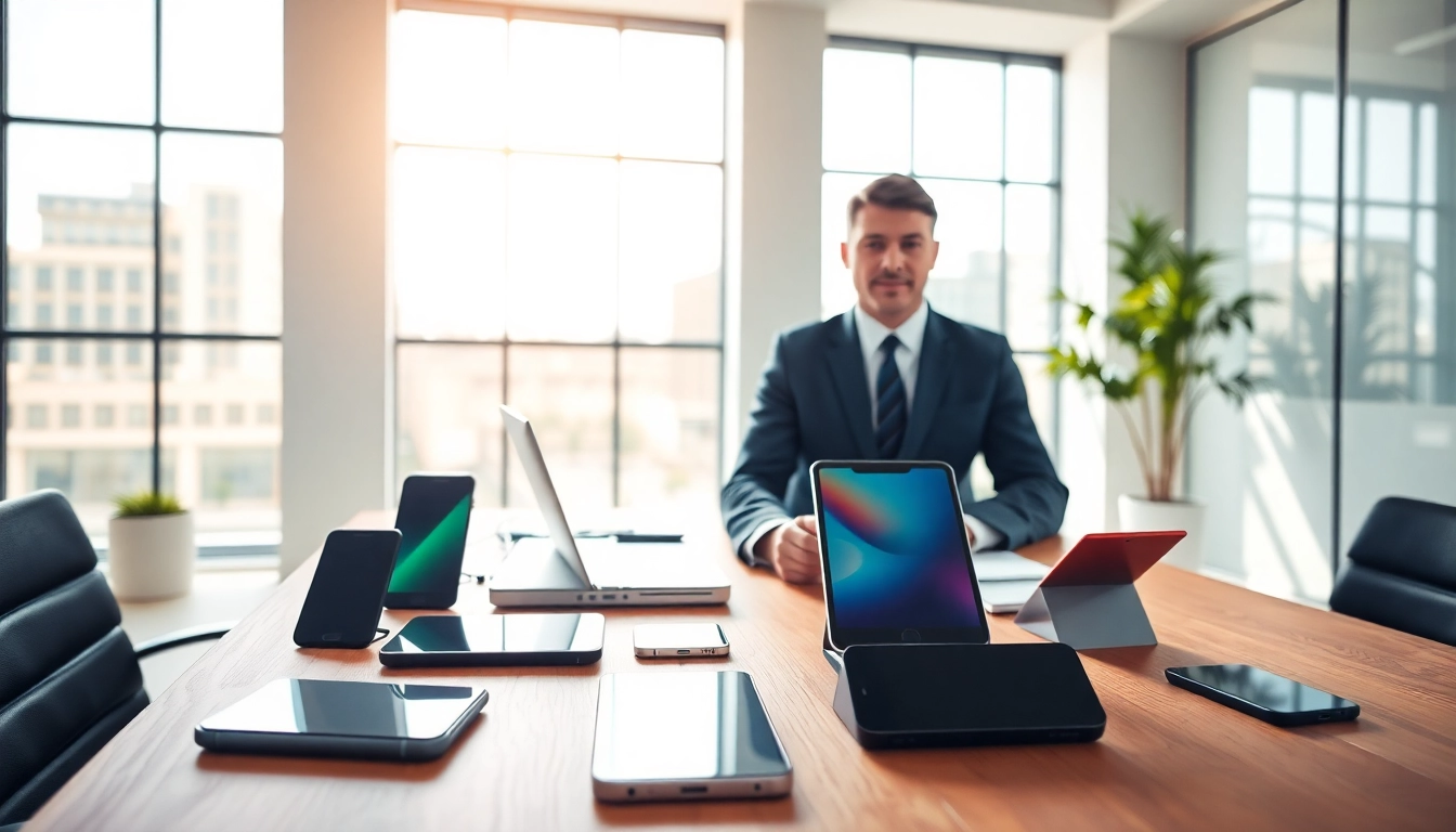 Instant phone buyer evaluating smartphones in a sleek, modern office.