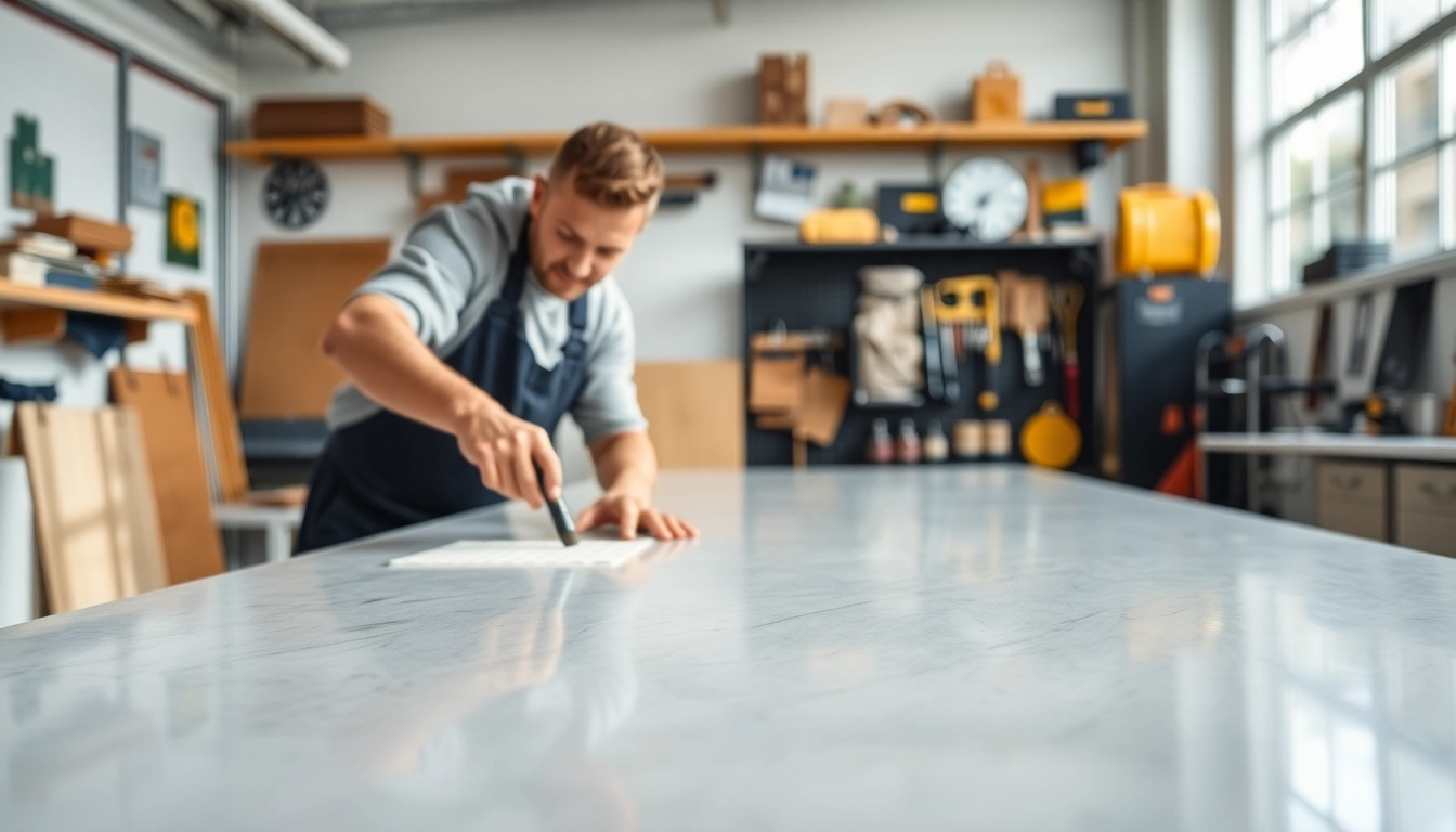 Showcasing surfacing solutions in a skilled workshop with bright lighting and a professional atmosphere.