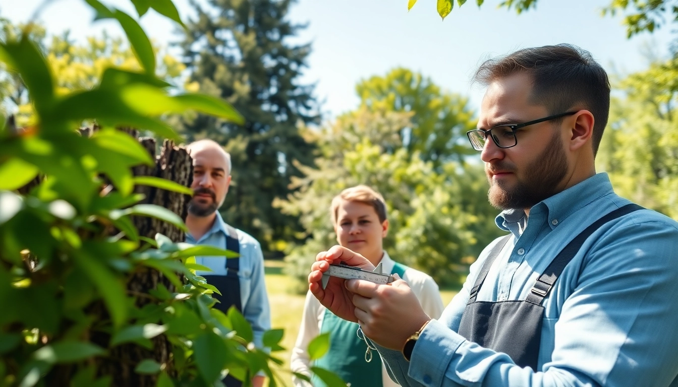 Tree Consultancy experts analyzing trees in a park setting, promoting professional tree care.