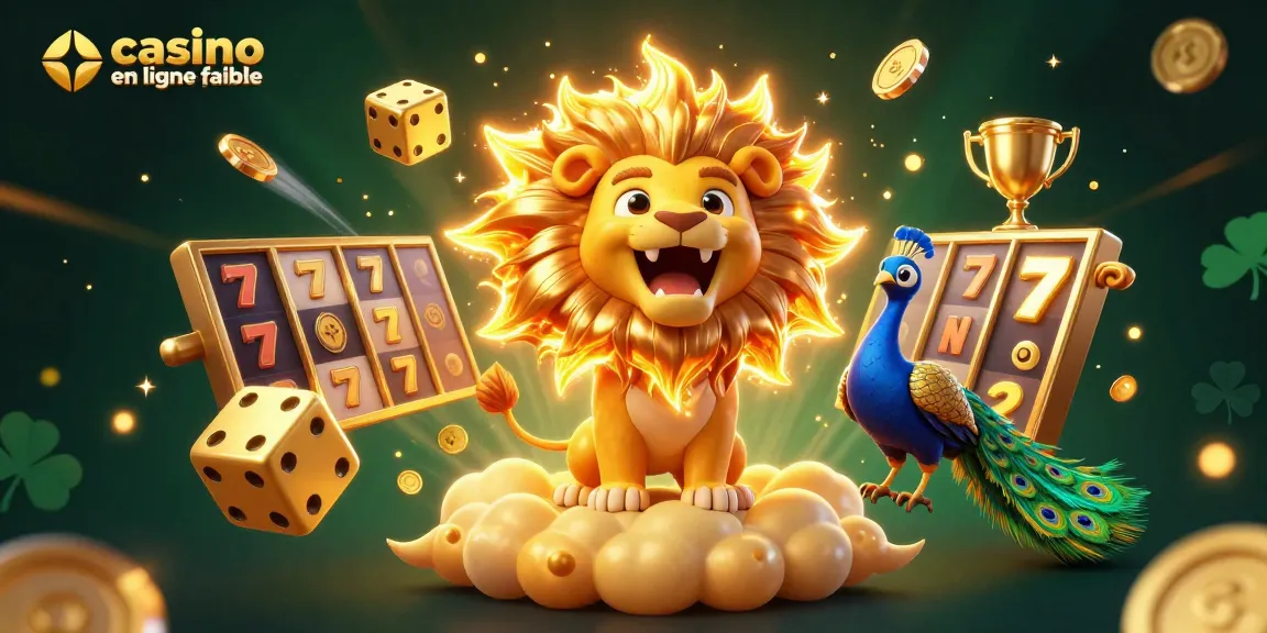Visuel dynamique de casino en ligne fiable avec un lion puissant au centre, entouré de symboles de jeux et de jackpots éclatants.