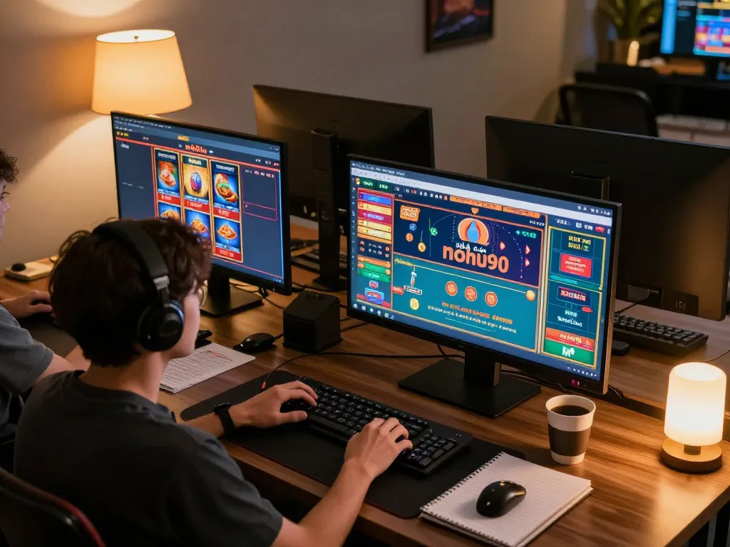 Engaging gaming session with 'nhà cái nohu90' on multiple screens, emphasizing strategic gameplay.