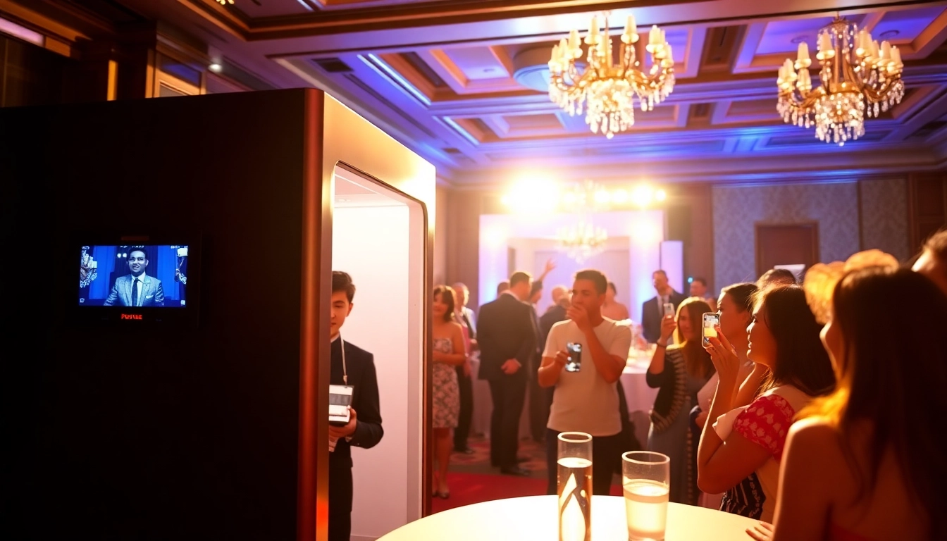 Capture the fun of a photo booth rental at a lively corporate event with guests enjoying themselves.