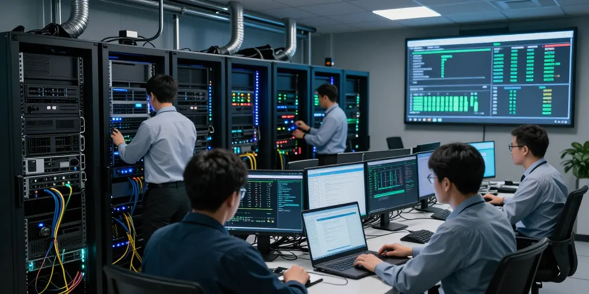 Administradores monitoreando servidores VPS Windows en sala técnica moderna, optimizando rendimiento y recursos.