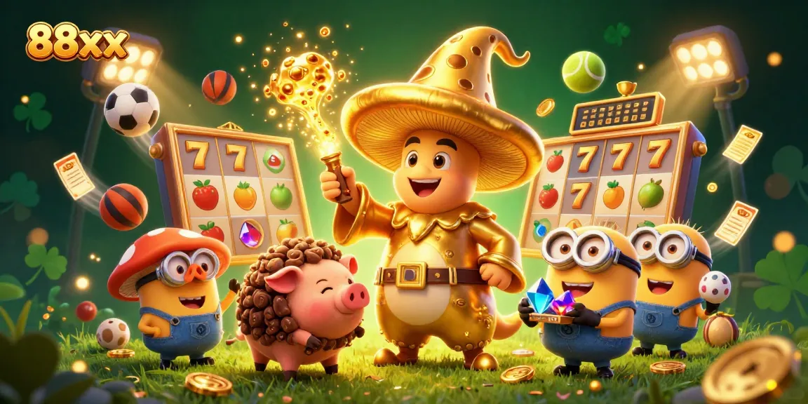 Spin the reels at 88xx, featuring a magical golden mushroom wizard amidst vibrant casino elements.