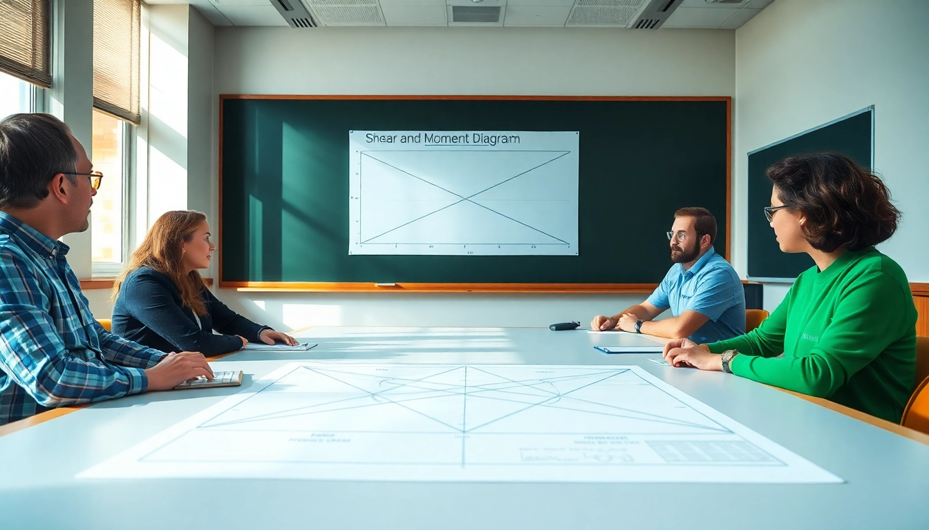 Students analyzing a Shear and Moment Diagram in a bright engineering classroom setting.
