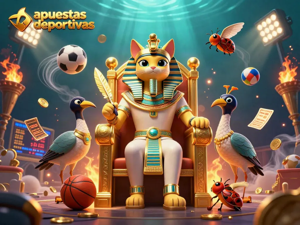 Apuesta deportiva con emocionantes elementos de fútbol y un gato faraón egipcio en un trono dorado.