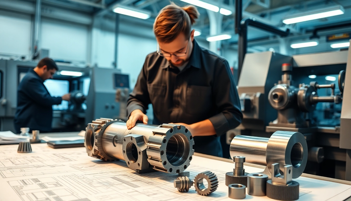 Custom part manufacturer in a CNC machining workshop showcasing precision engineering and skilled craftsmanship.