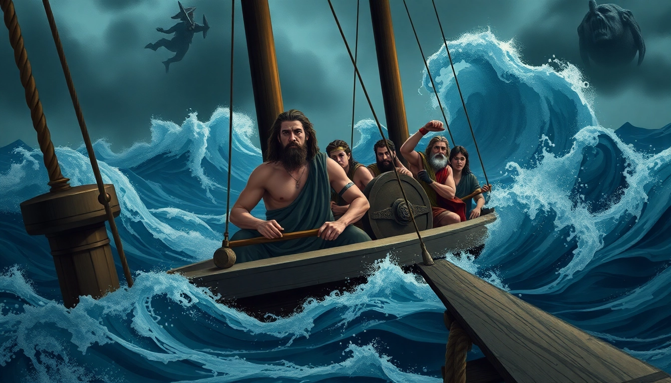 Visual representation of odyssey meaning origin showing Odysseus at sea during a storm.