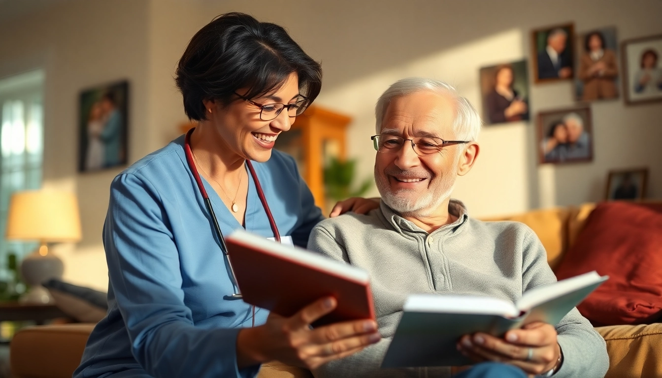 Caregiver providing in home senior care to a smiling elderly man in a cozy living room setting.