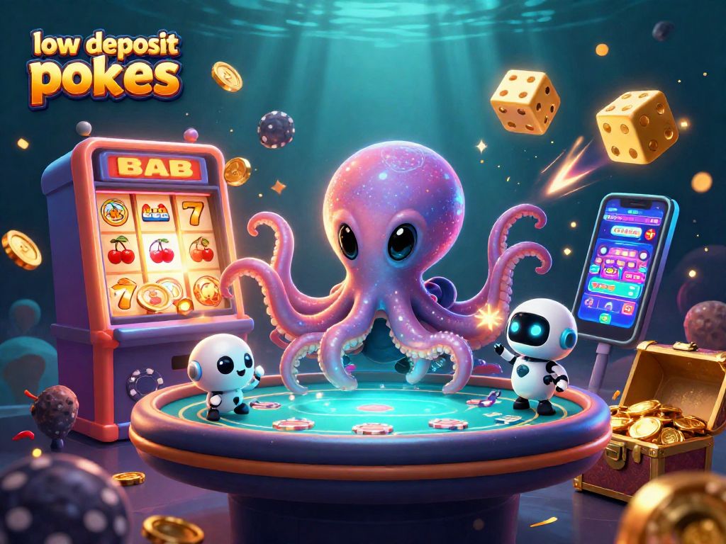 Engage with low deposit pokies in a vibrant, 3D casino scene featuring an alien octopus at a poker table.