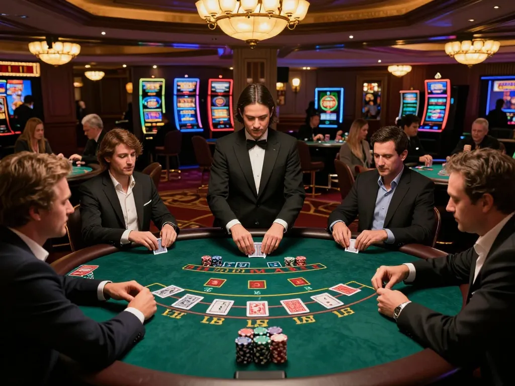 Players engaging in high-stakes blackjack at a luxurious casino table with sc888 as an exciting backdrop, emphasizing strategic gameplay.