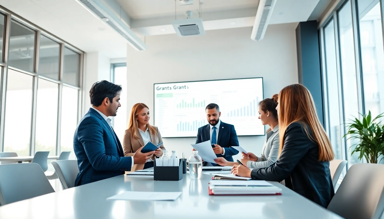 Discussing various grants in a professional business setting with diverse individuals.