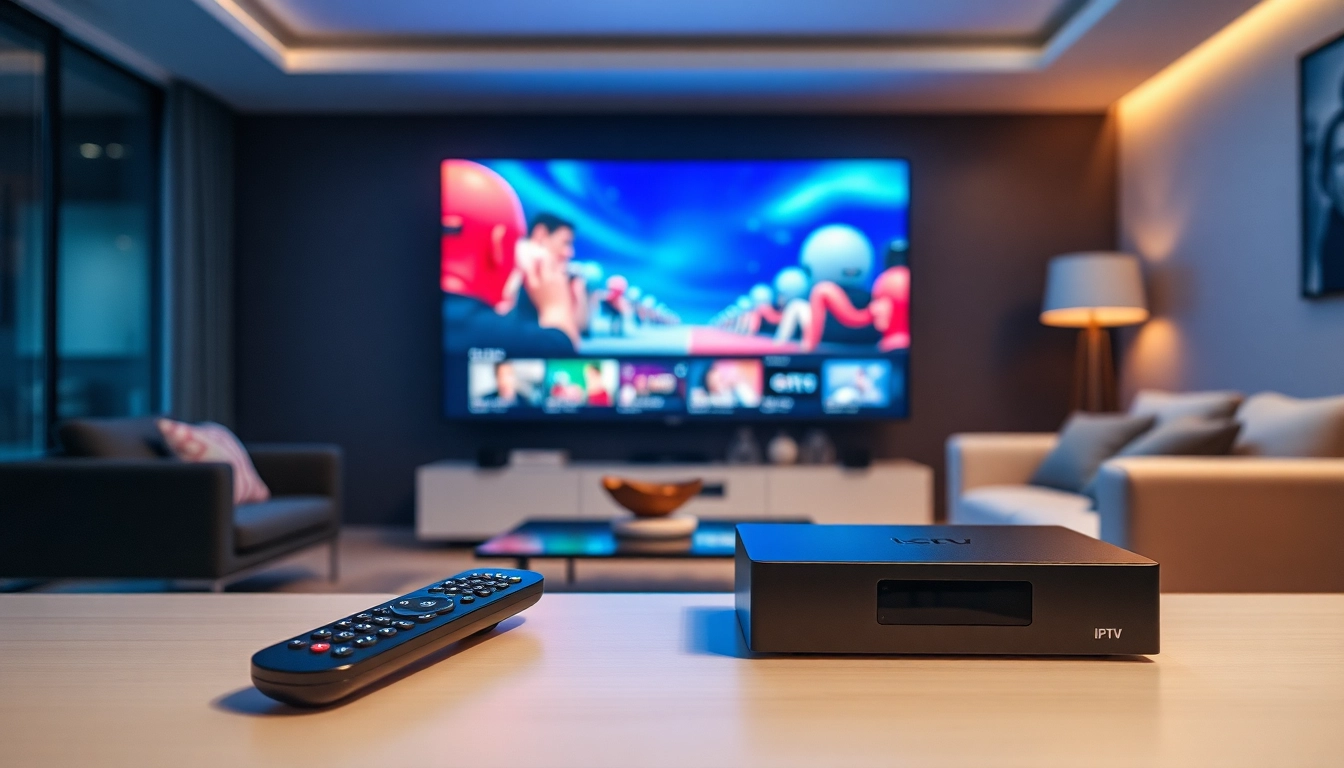 Watch live IPTV on a vibrant large screen in a relaxed living room setting.