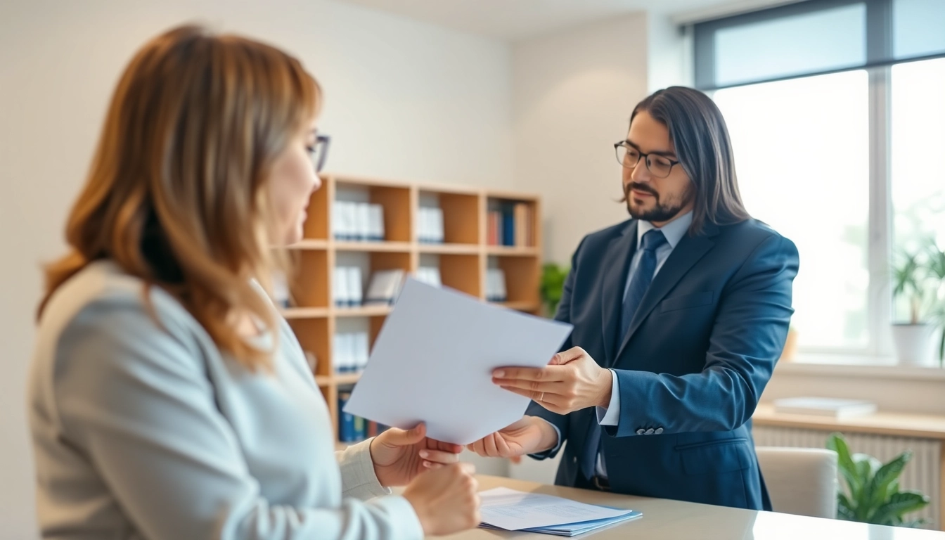 Sarasota injury lawyer consulting with a client in a contemporary office space, showcasing professionalism.