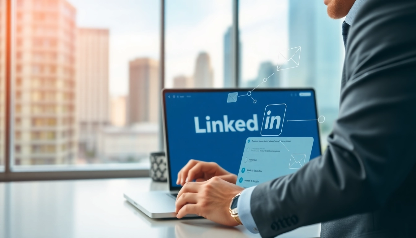 Find verified emails from LinkedIn in a professional office setting featuring a user on a laptop.