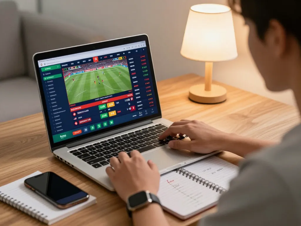 Person placing live bets on the laptop with Link vào OXBET interface visible, showcasing strategic sports betting.