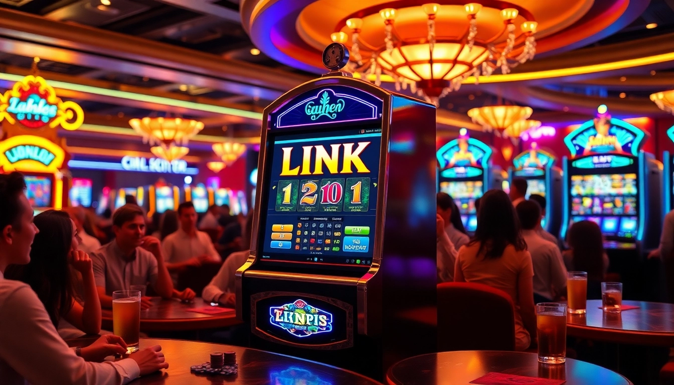 Mainkan link slot demo dengan mesin slot canggih yang dikelilingi pemain bersemangat.
