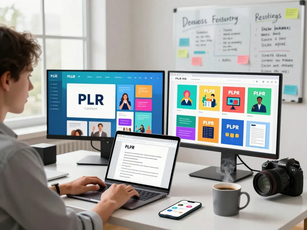 Purchase PLR Content in a vibrant workspace showcasing a content creator's modern office setup.
