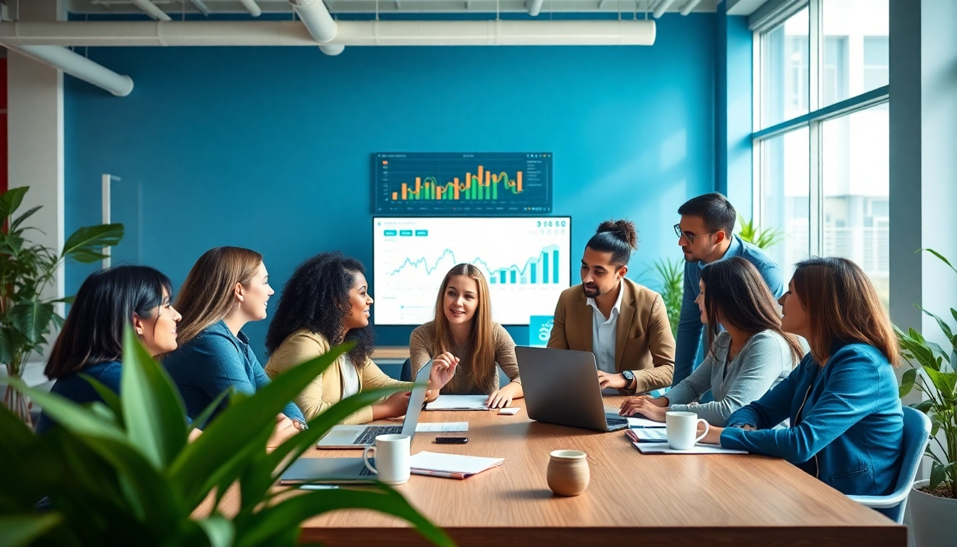 SEO company team strategizing in a vibrant office environment.