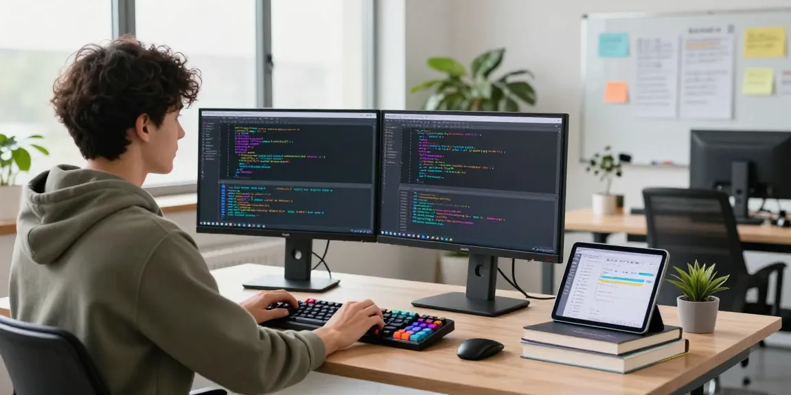 Developer coding at a modern desk with dual monitors, showcasing crushonai technology in an energetic workspace.
