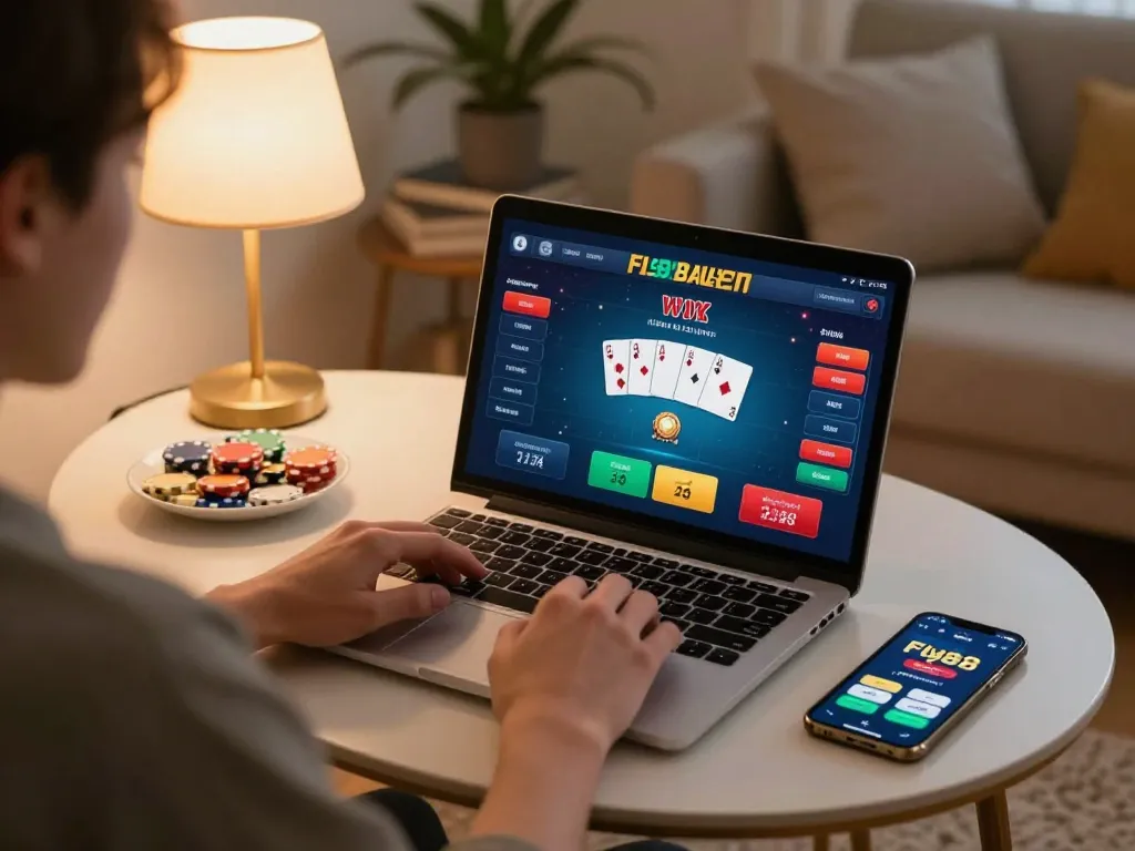 Engaged player using the fly88 mobile app for poker, showcasing a cozy online gambling setup.