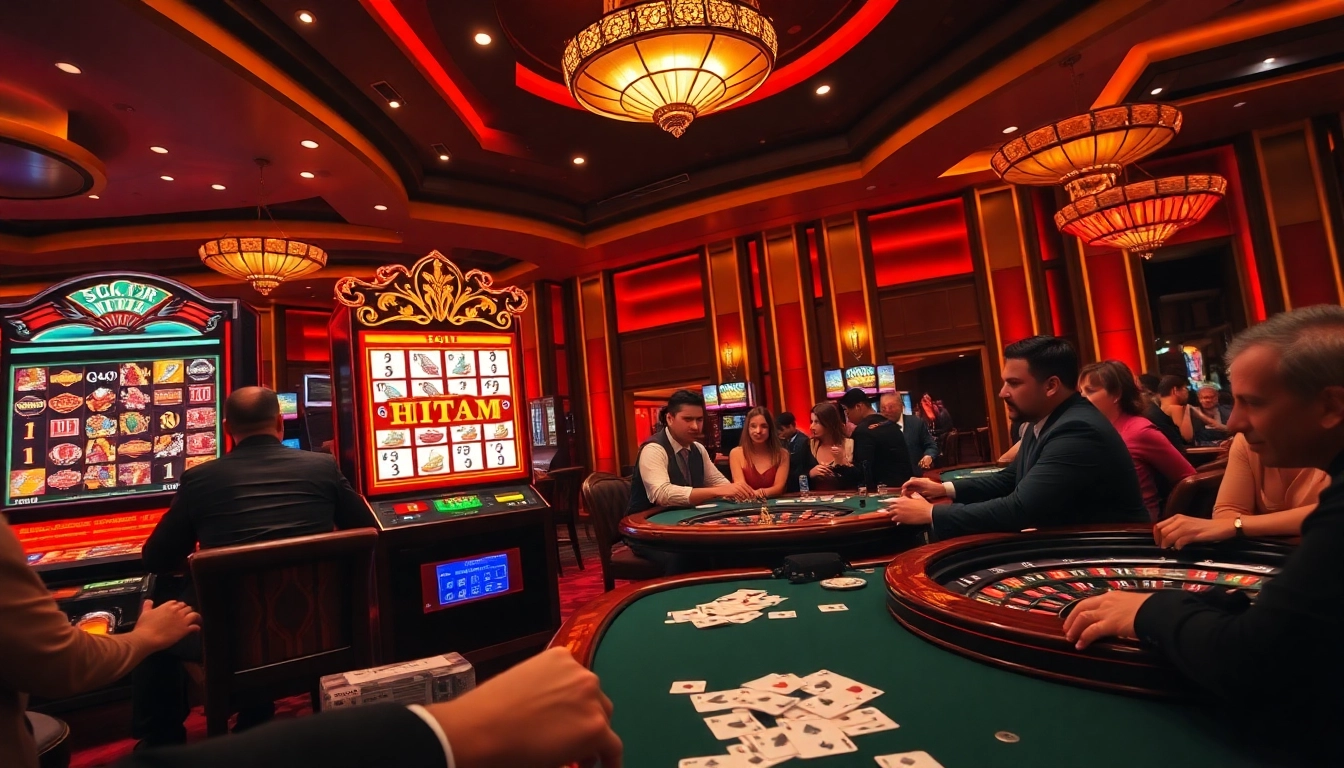 Experience the thrill of scatter hitam in a luxurious casino with vibrant slot machines and eager players.