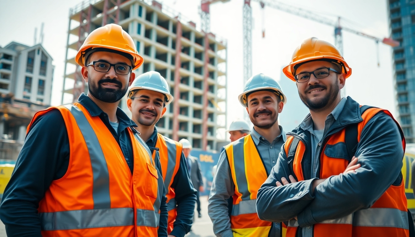 Showcasing construction site safety with workers using helmets and gear in an active environment.