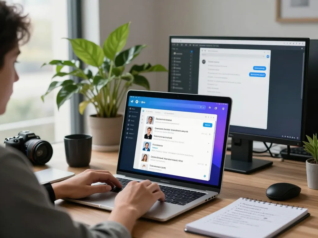 Professional using Telegram 中文 on MacBook in modern office setting, showcasing optimized app features.