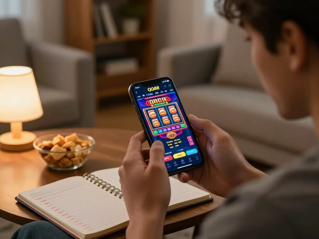 Player engaging with the QQ88 casino app on smartphone at home, showcasing vibrant game graphics and personal gambling setup.