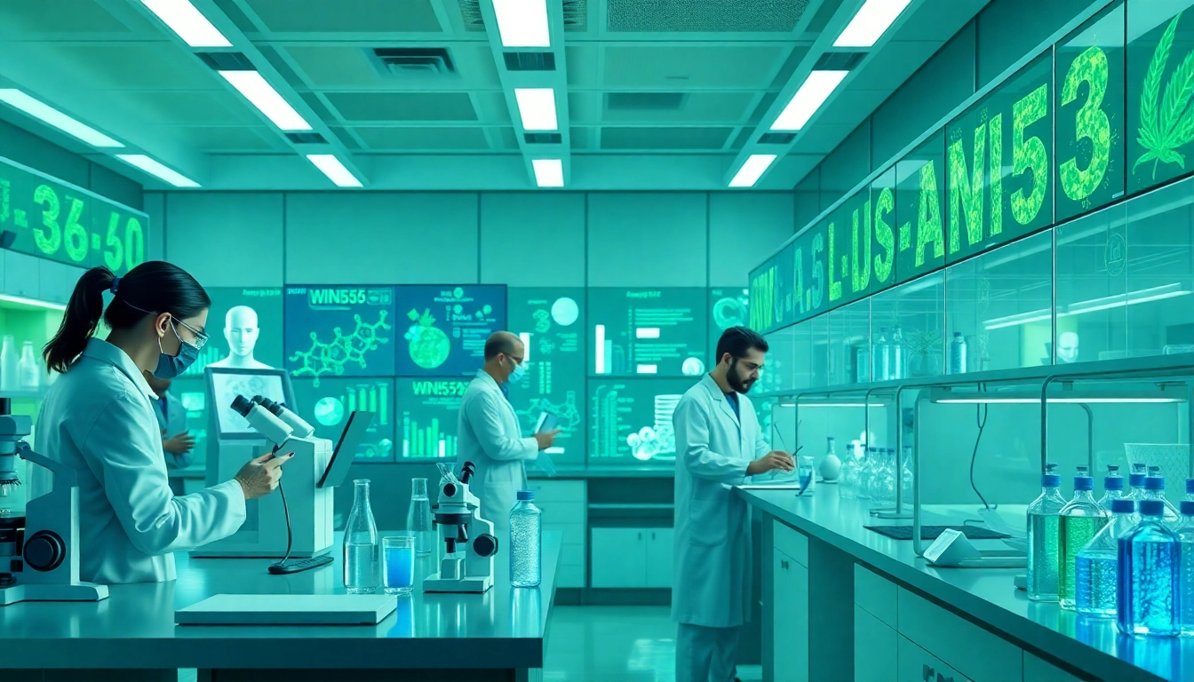 Research scientists studying cannabinoid WIN55 in a modern lab setting.