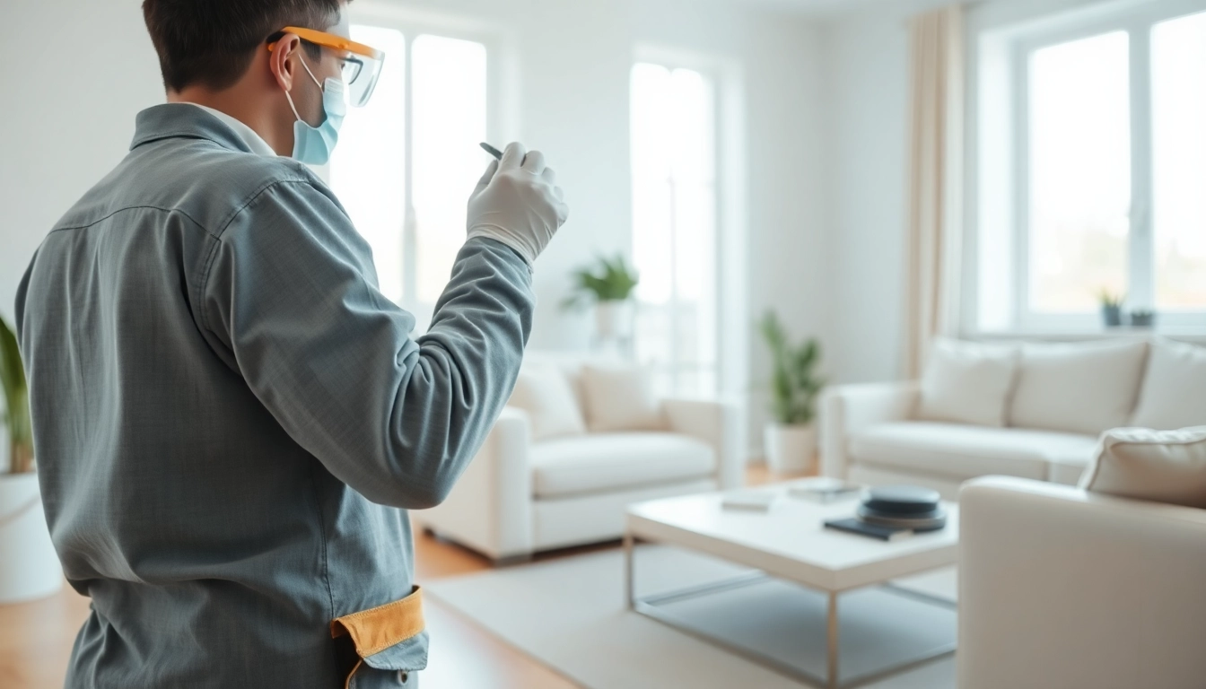 Book insect inspection by a professional technician in a bright living room environment