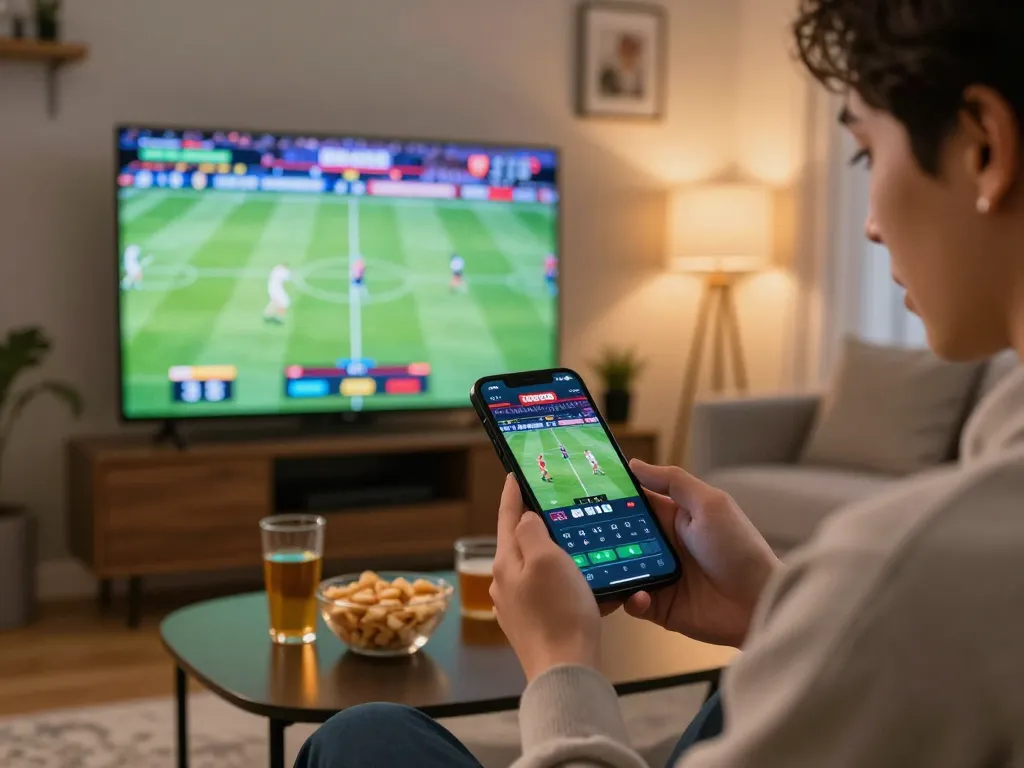 Placing bets on nha cai uy tin through a smartphone in a lively sports setting, showcasing excitement and engagement.