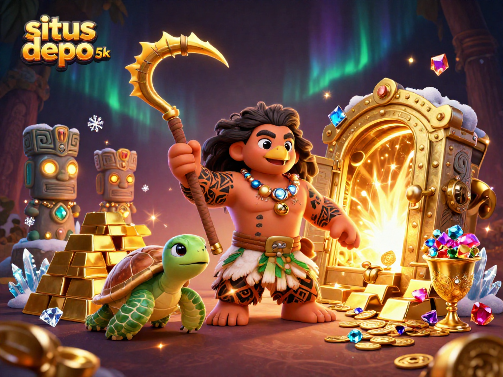 Experience the thrill of situs depo 5k with enchanting characters amidst treasures and vibrant casino elements.