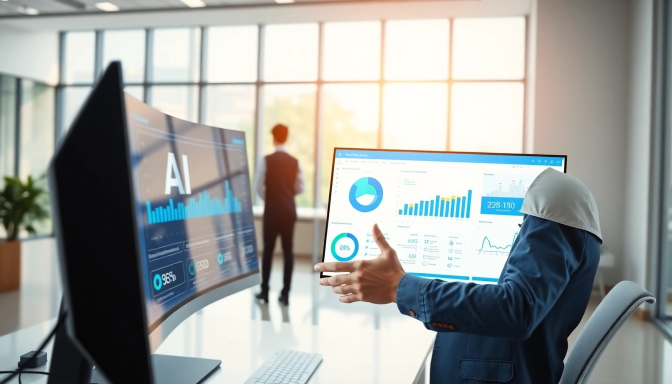 Claims adjuster utilizing advanced AI claims processing technology in a modern office.