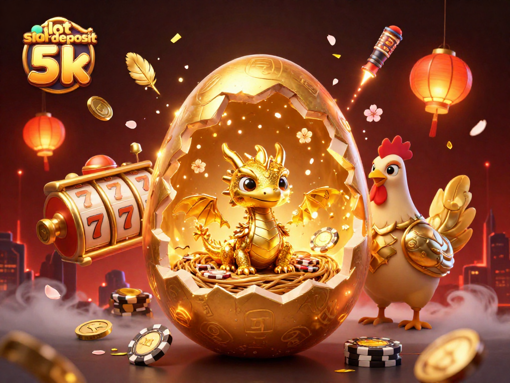 Experience thrilling moments with "slot deposit 5k" illustrated through golden dragon and poker chips.