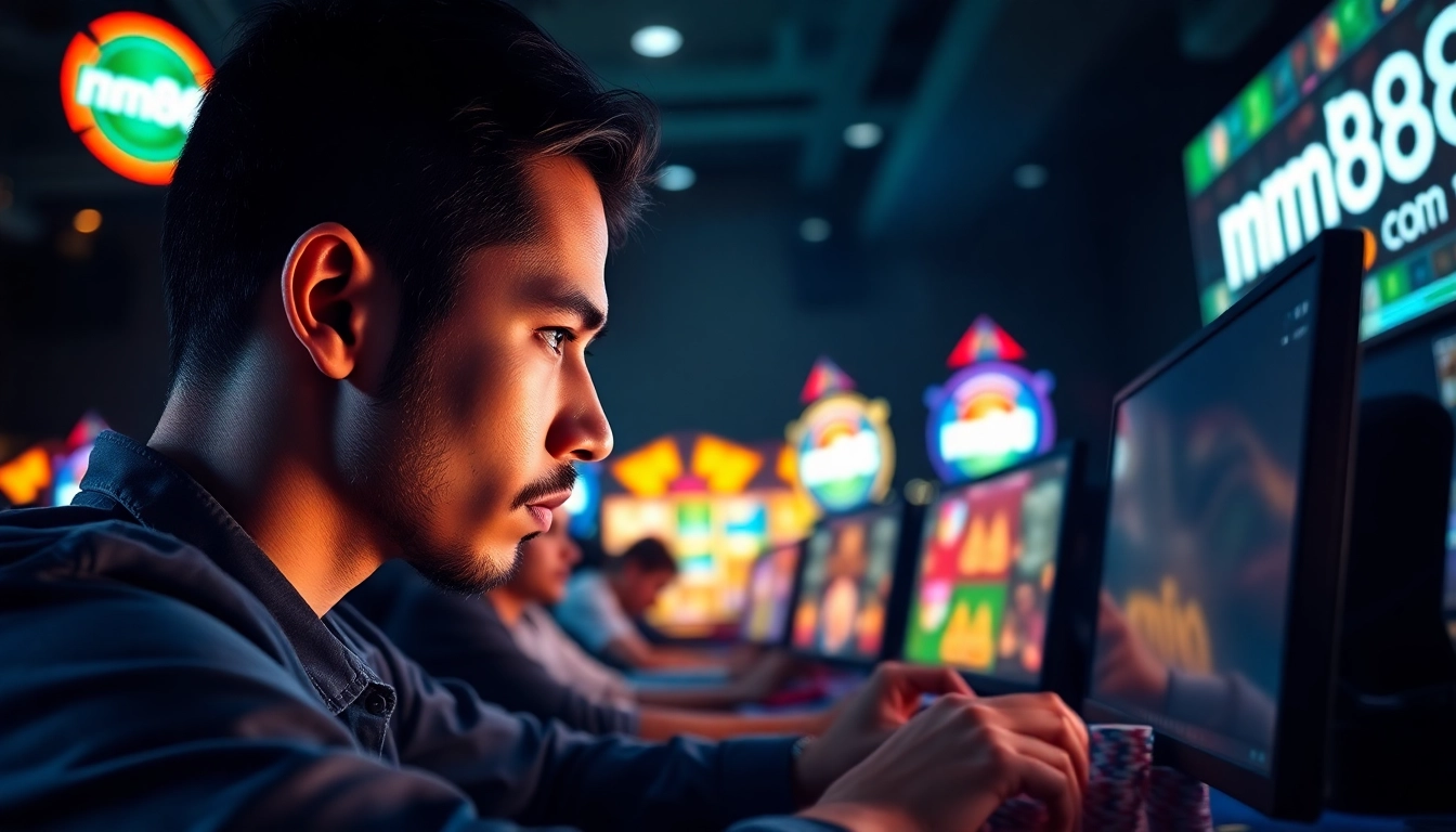 Engaged player experiencing mm88 com gaming excitement in a vibrant casino environment.