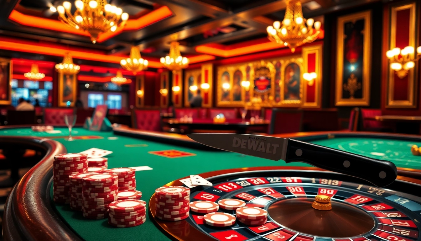 Use the DeWalt knife for precise betting slips preparation at a casino table.