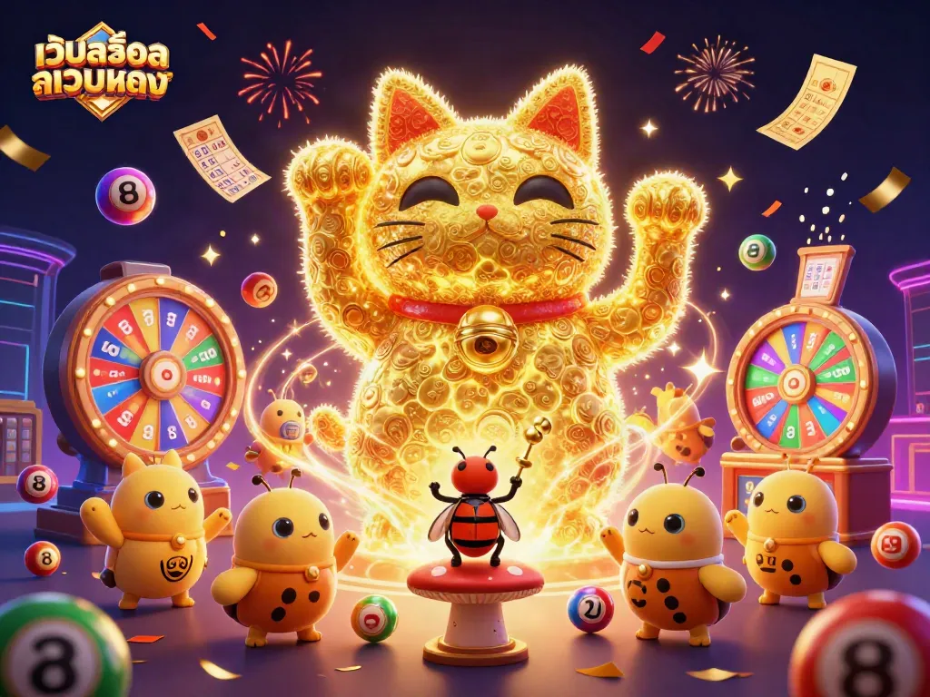 ภาพการ์ตูน 3D ที่แสดงให้เห็น เว็บสล็อตเว็บตรง ค่ายใหญ่ ในรูปแบบของแมลงไฟทองคำที่โชว์คาสิโนสัญลักษณ์