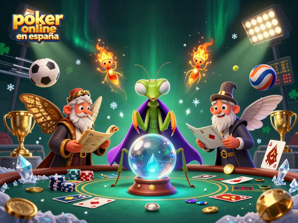 Juega poker online en España con emoción, rodeado de elementos vibrantes en una sala de cartas.