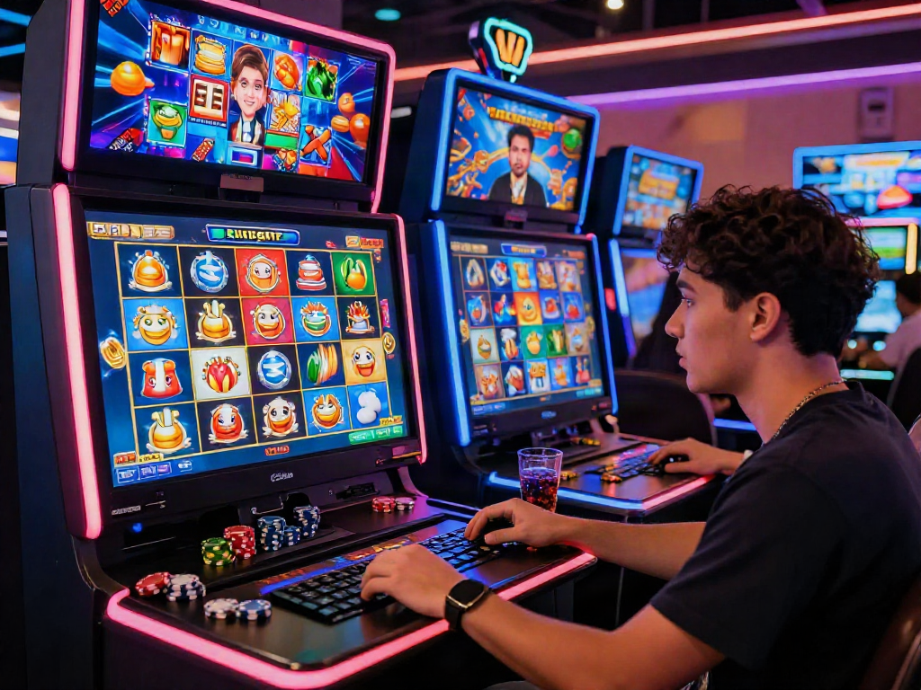 Exciting player enjoying slot luar negeri game at a modern gaming station with vibrant neon lights.