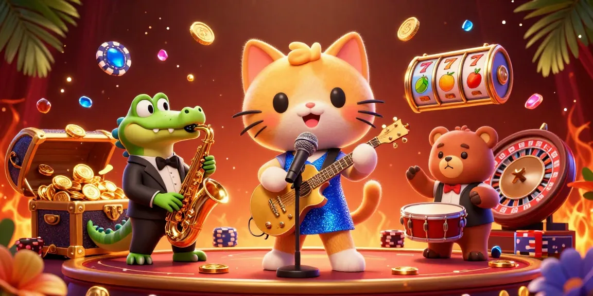 Illustrez le nouveau casino en ligne avec des personnages animés chantant et jouant dans un décor vibrant.
