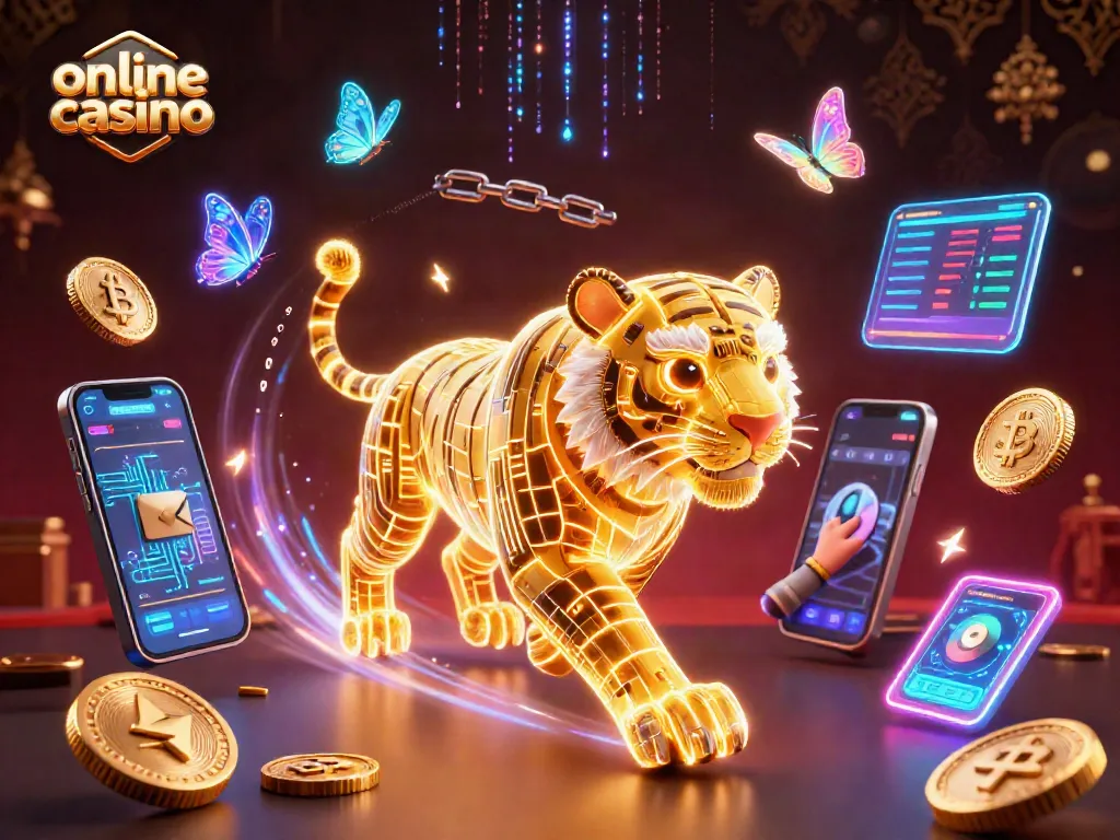 Juega en un emocionante online casino con un tigre de luz y monedas criptográficas brillantes.